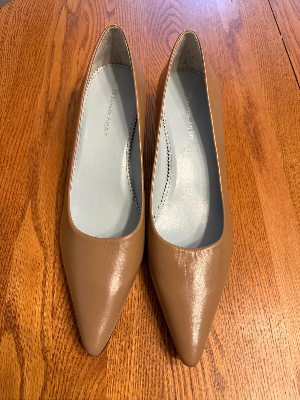 Etienne Aigner Camel Pointed-Toe Leather Kitten Heels